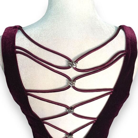 Vintage 90s Maxi Dress Burgundy Velvet Gown Criss-Cross Open Back Column Prom - Picture 7 of 14
